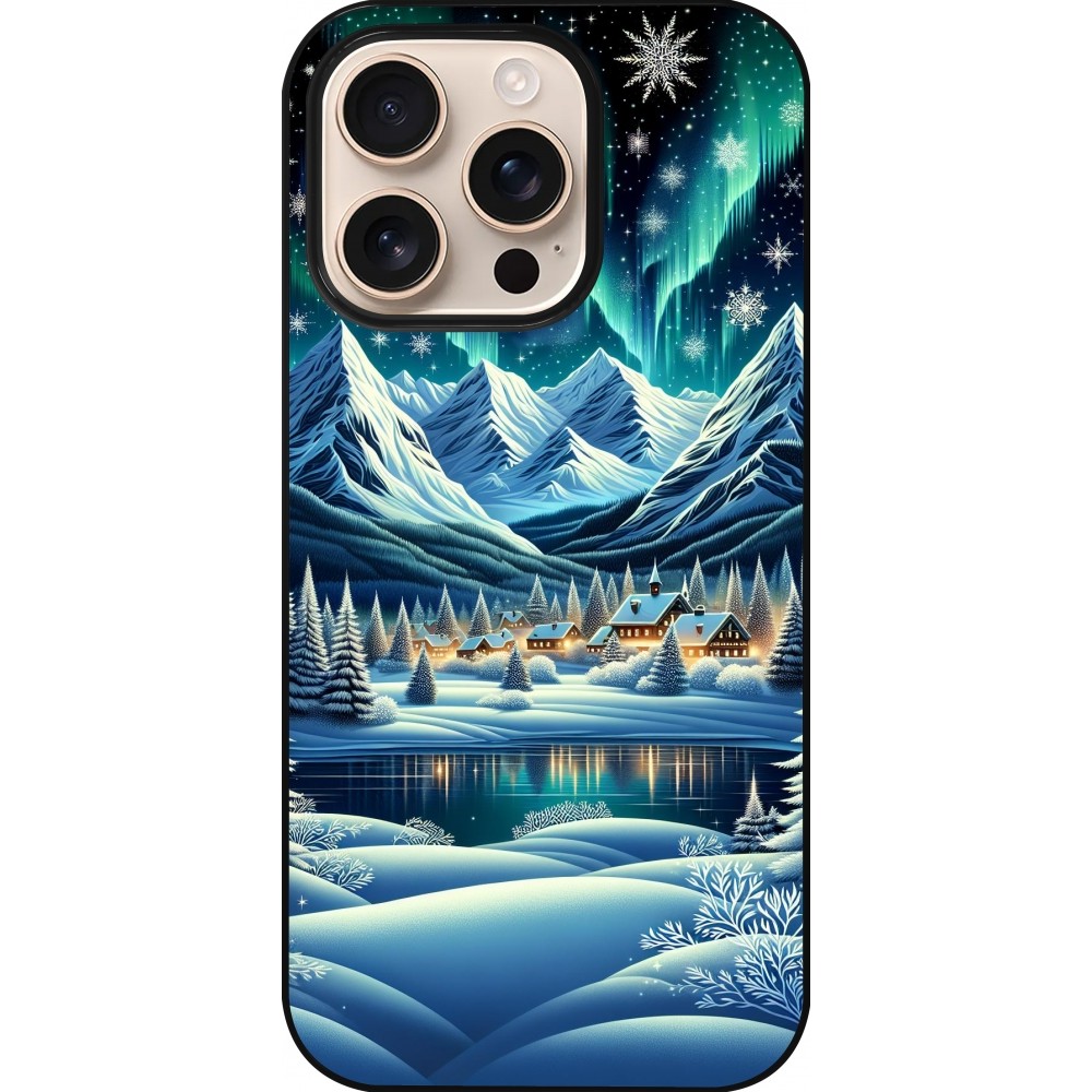 iPhone 16 Pro Case Hülle - Verschneites Bergdorf am See in der Nacht