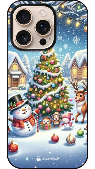 Coque iPhone 16 Pro - Noël 2023 bonhomme de neige et sapin