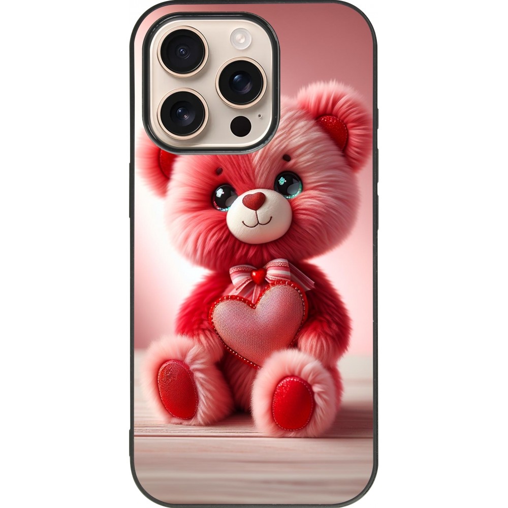 Coque iPhone 16 Pro - Silicone rigide noir Valentine 2024 Ourson rose