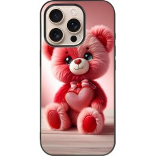 Coque iPhone 16 Pro - Silicone rigide noir Valentine 2024 Ourson rose