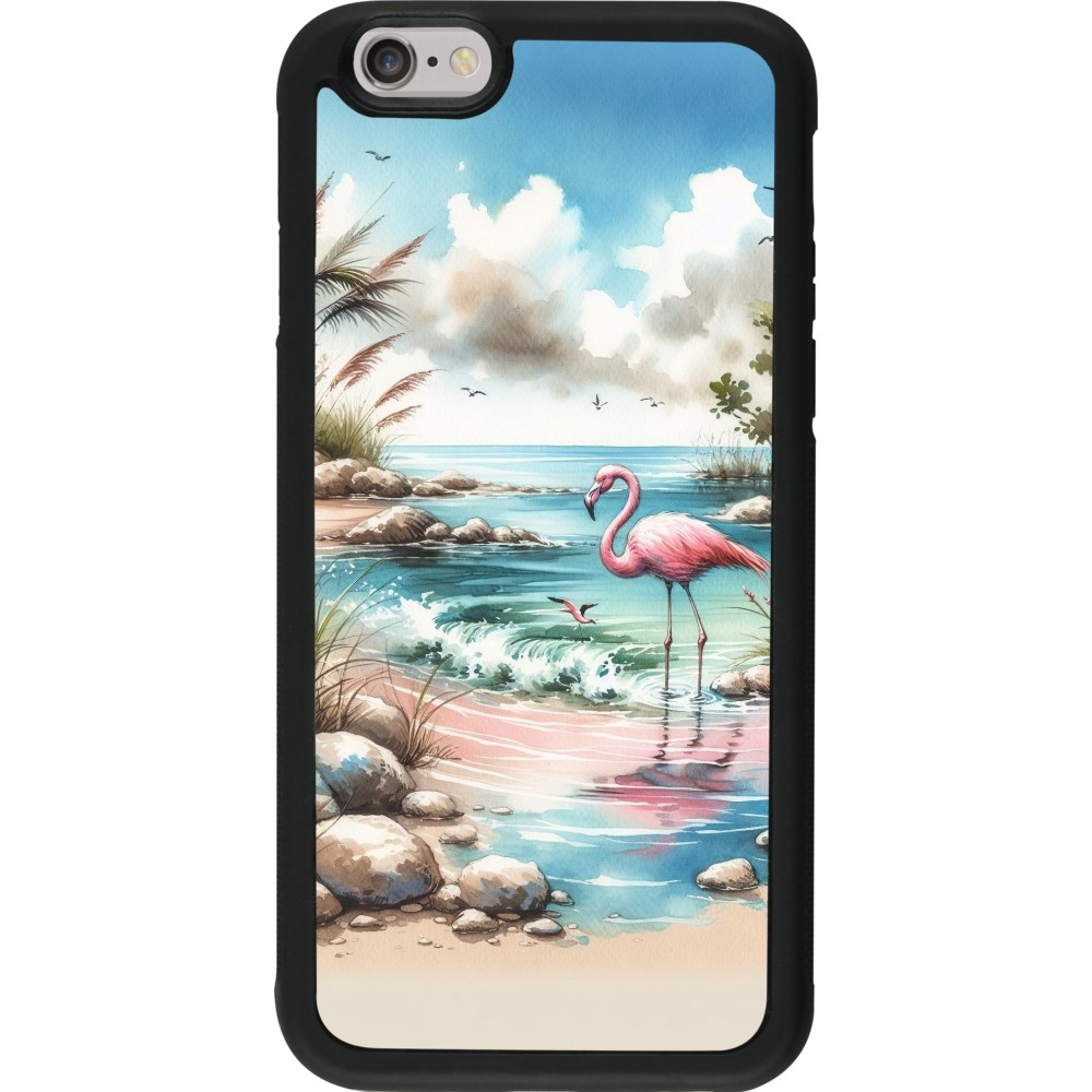 Coque iPhone 6/6s - Silicone rigide noir Flamant rose aquarelle