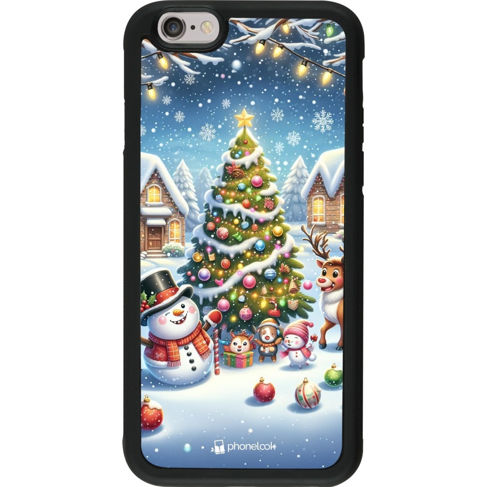 Coque iPhone 6/6s - Silicone rigide noir Noël 2023 bonhomme de neige et sapin