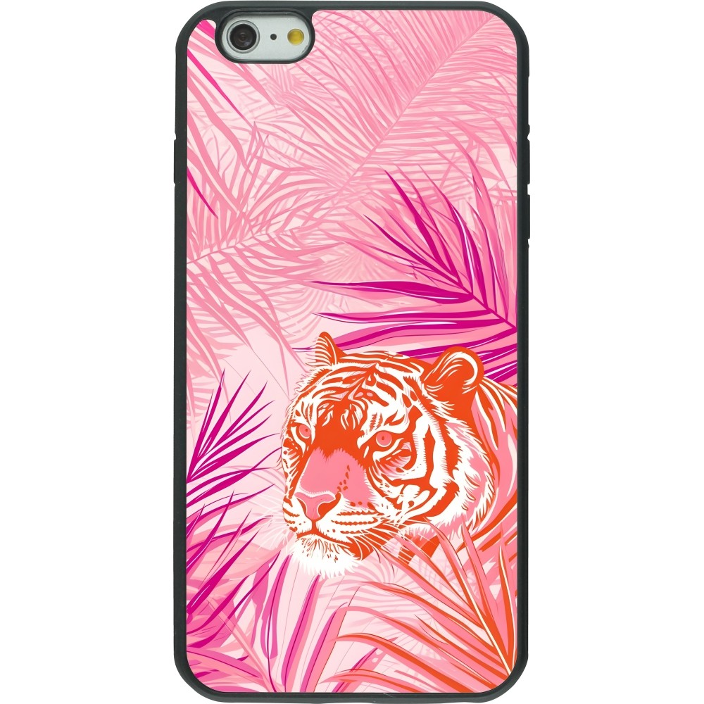 Coque iPhone 6 Plus / 6s Plus - Silicone rigide noir Tigre palmiers roses