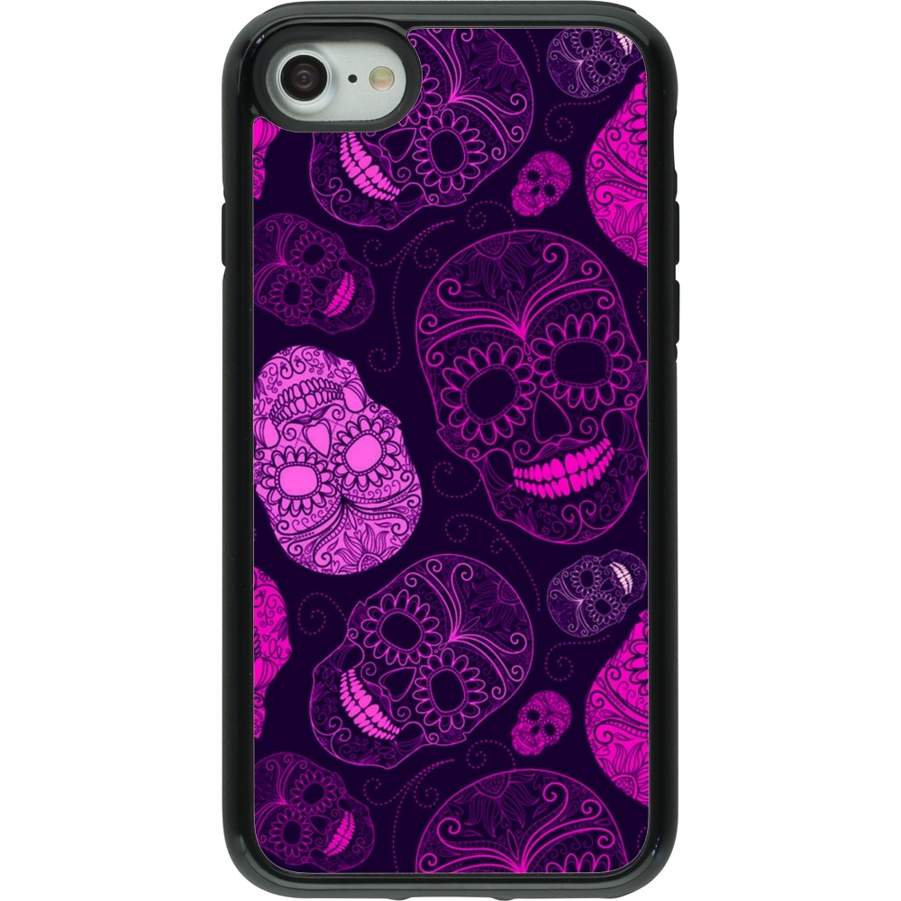 Coque iPhone 7 / 8 / SE (2020, 2022) - Hybrid Armor noir Halloween 2023 pink skulls