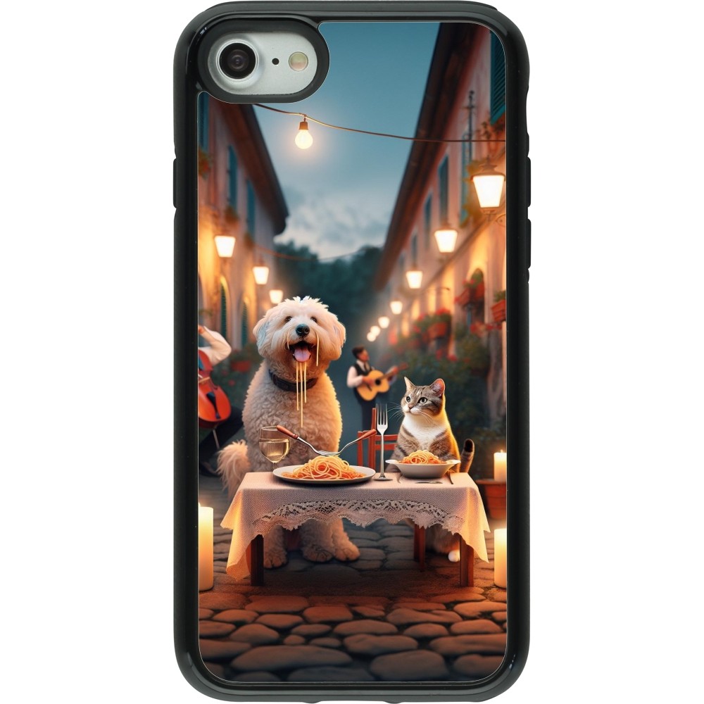 Coque iPhone 7 / 8 / SE (2020, 2022) - Hybrid Armor noir Valentine 2024 Dog & Cat Candlelight