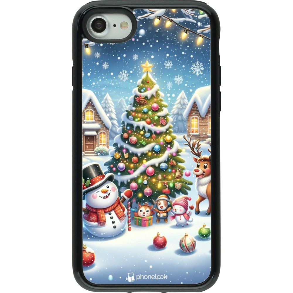 Coque iPhone 7 / 8 / SE (2020, 2022) - Hybrid Armor noir Noël 2023 bonhomme de neige et sapin