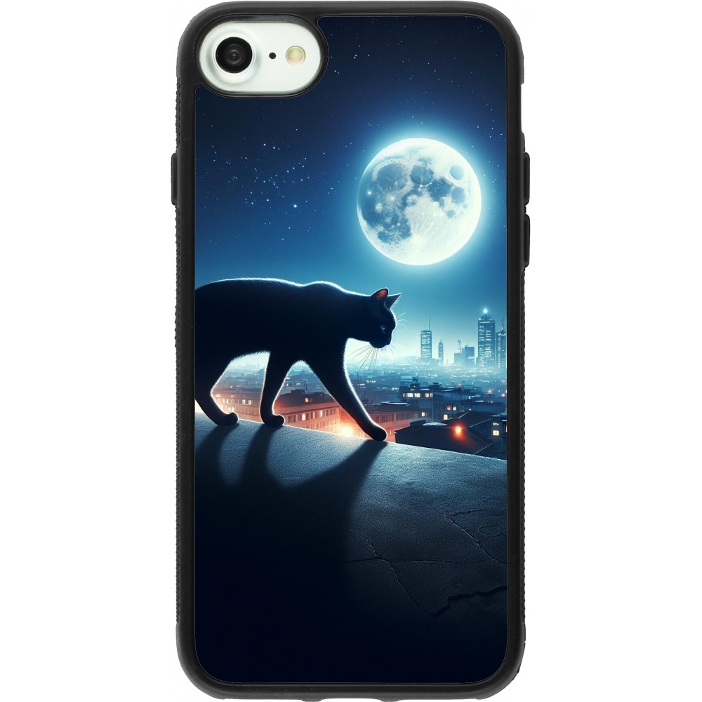 Coque iPhone 7 / 8 / SE (2020, 2022) - Silicone rigide noir Chat noir sous la pleine lune