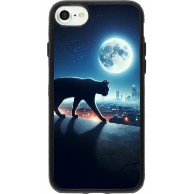 Coque iPhone 7 / 8 / SE (2020, 2022) - Silicone rigide noir Chat noir sous la pleine lune