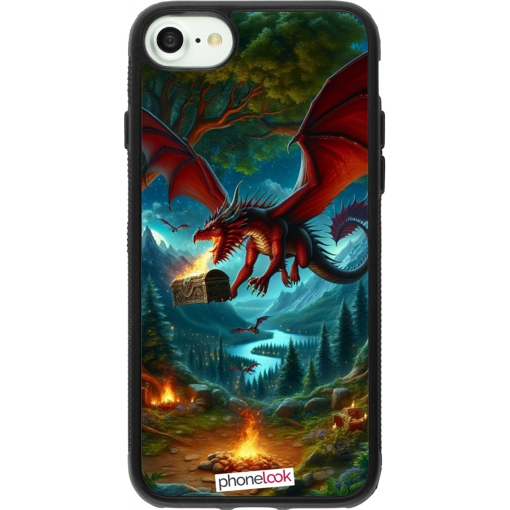 Coque iPhone 7 / 8 / SE (2020, 2022) - Silicone rigide noir Dragon Volant Forêt Trésor