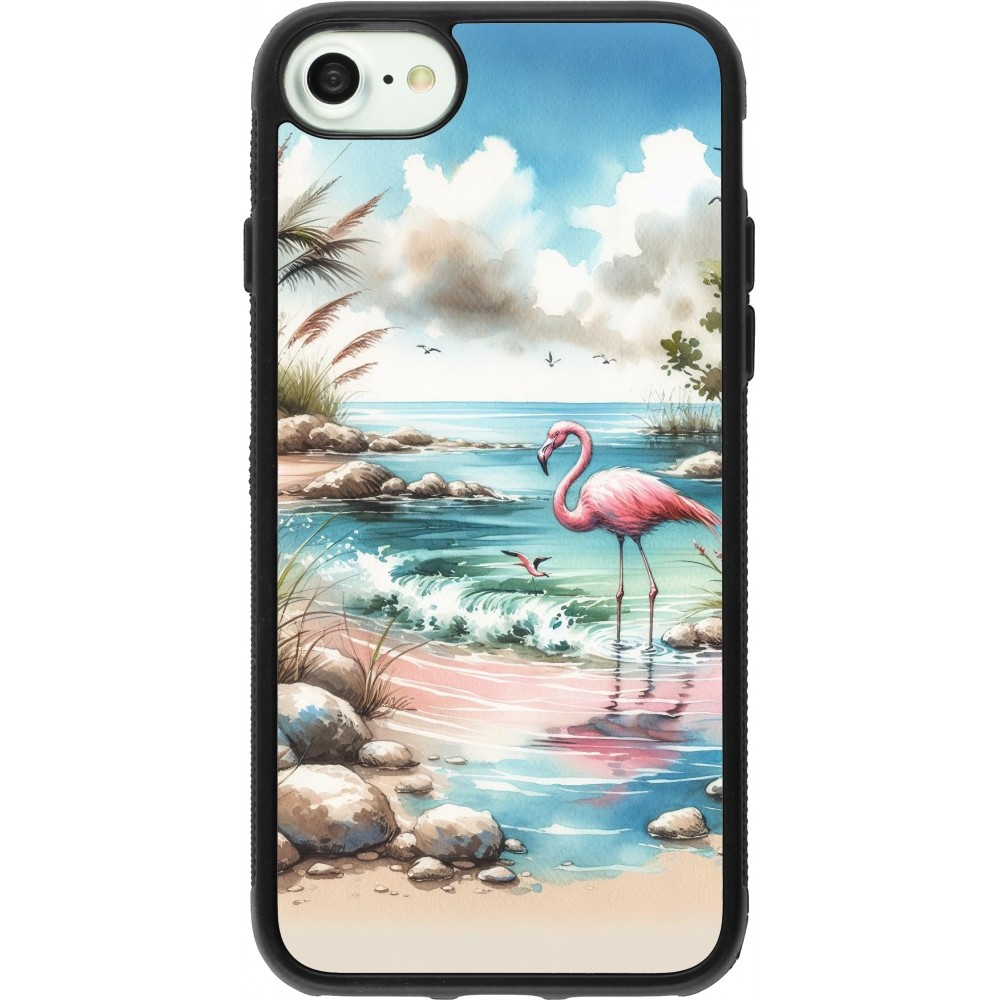 Coque iPhone 7 / 8 / SE (2020, 2022) - Silicone rigide noir Flamant rose aquarelle