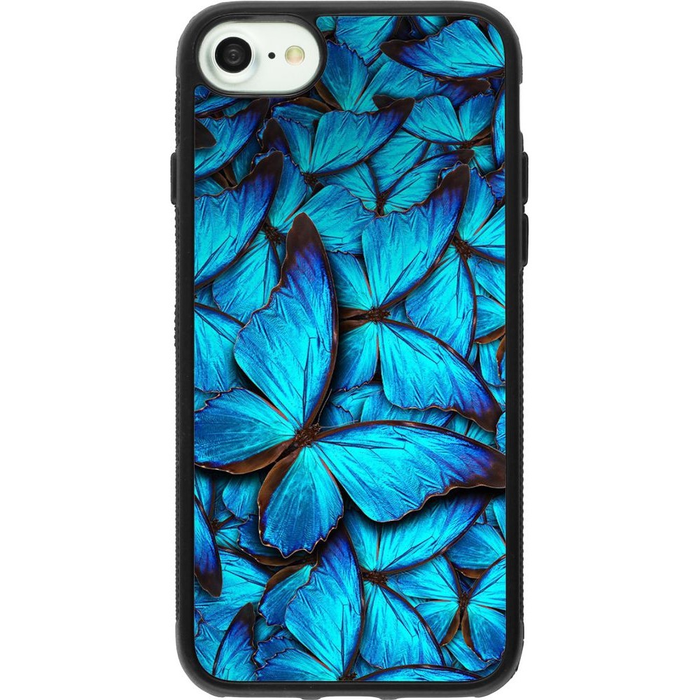 Coque iPhone 7 / 8 / SE (2020, 2022) - Silicone rigide noir Papillon - Bleu