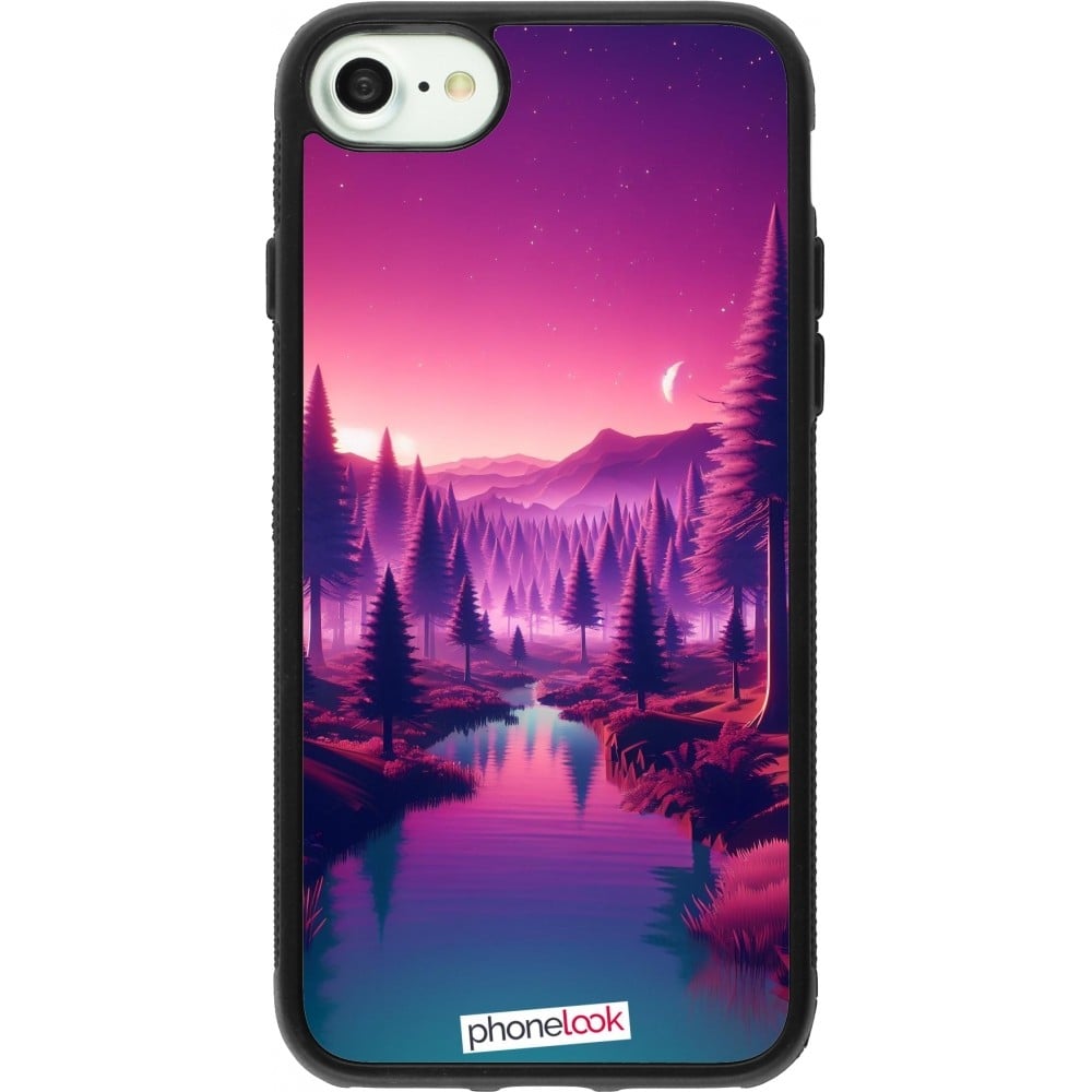 Coque iPhone 7 / 8 / SE (2020, 2022) - Silicone rigide noir Paysage Violet-Rose