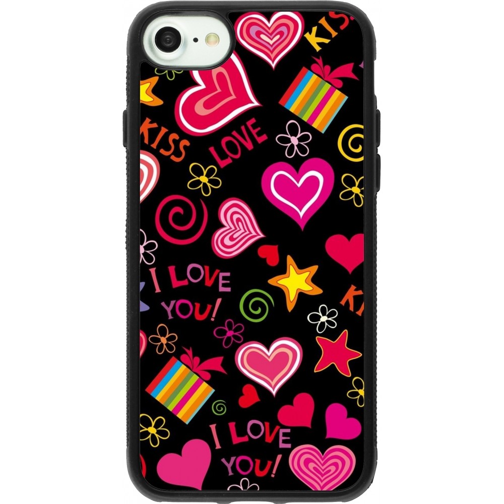 Coque iPhone 7 / 8 / SE (2020, 2022) - Silicone rigide noir Valentine 2023 love symbols