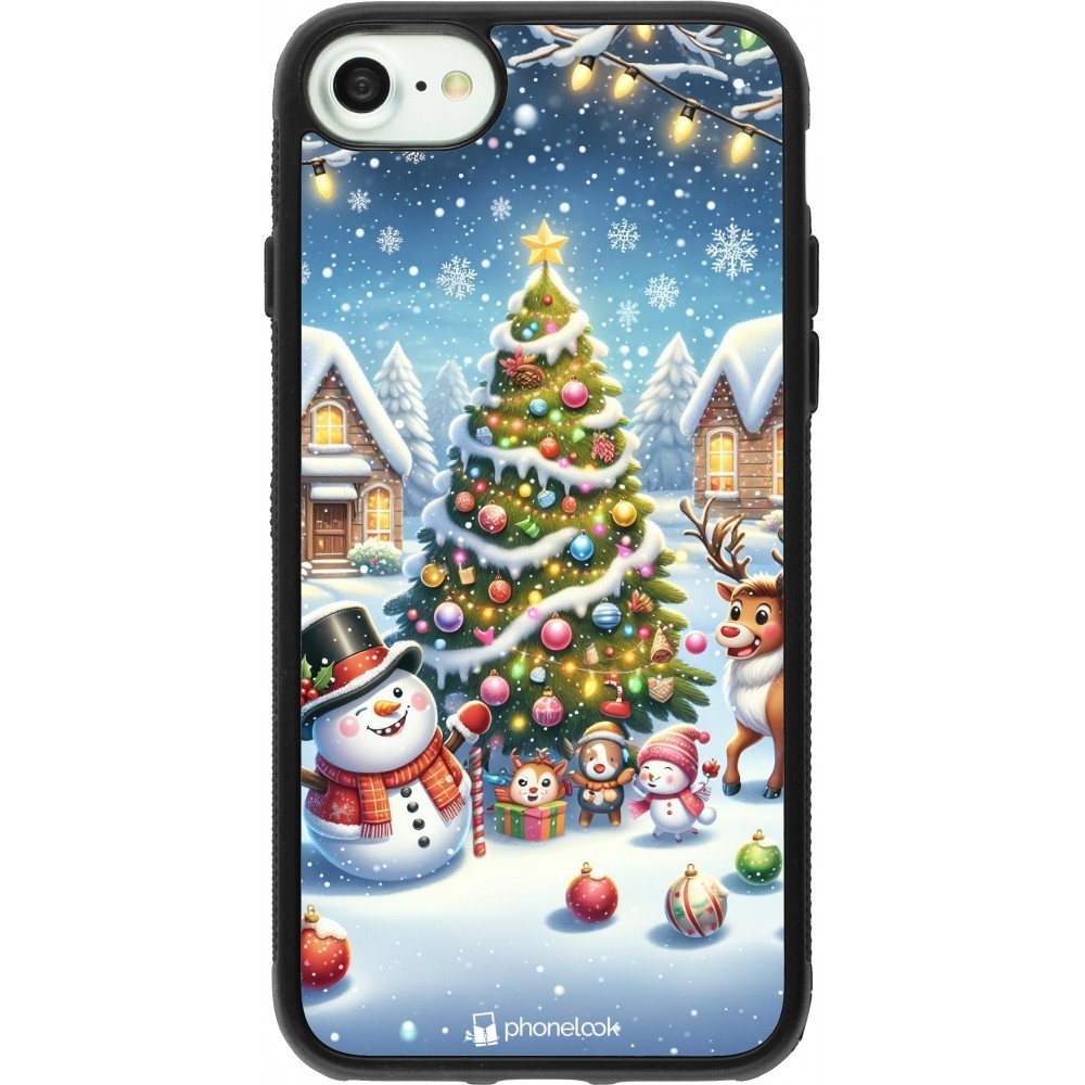 Coque iPhone 7 / 8 / SE (2020, 2022) - Silicone rigide noir Noël 2023 bonhomme de neige et sapin