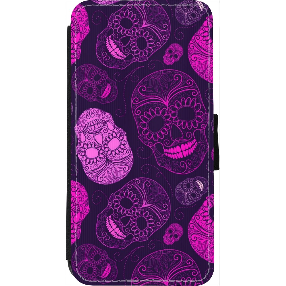 Coque iPhone 7 / 8 / SE (2020, 2022) - Wallet noir Halloween 2023 pink skulls