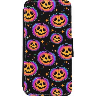 Coque iPhone 7 / 8 / SE (2020, 2022) - Wallet noir Halloween 2024 rainbow pumpkins