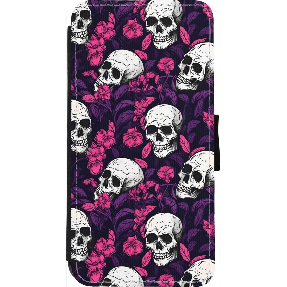 Coque iPhone 7 / 8 / SE (2020, 2022) - Wallet noir Halloween 2024 romantic skulls