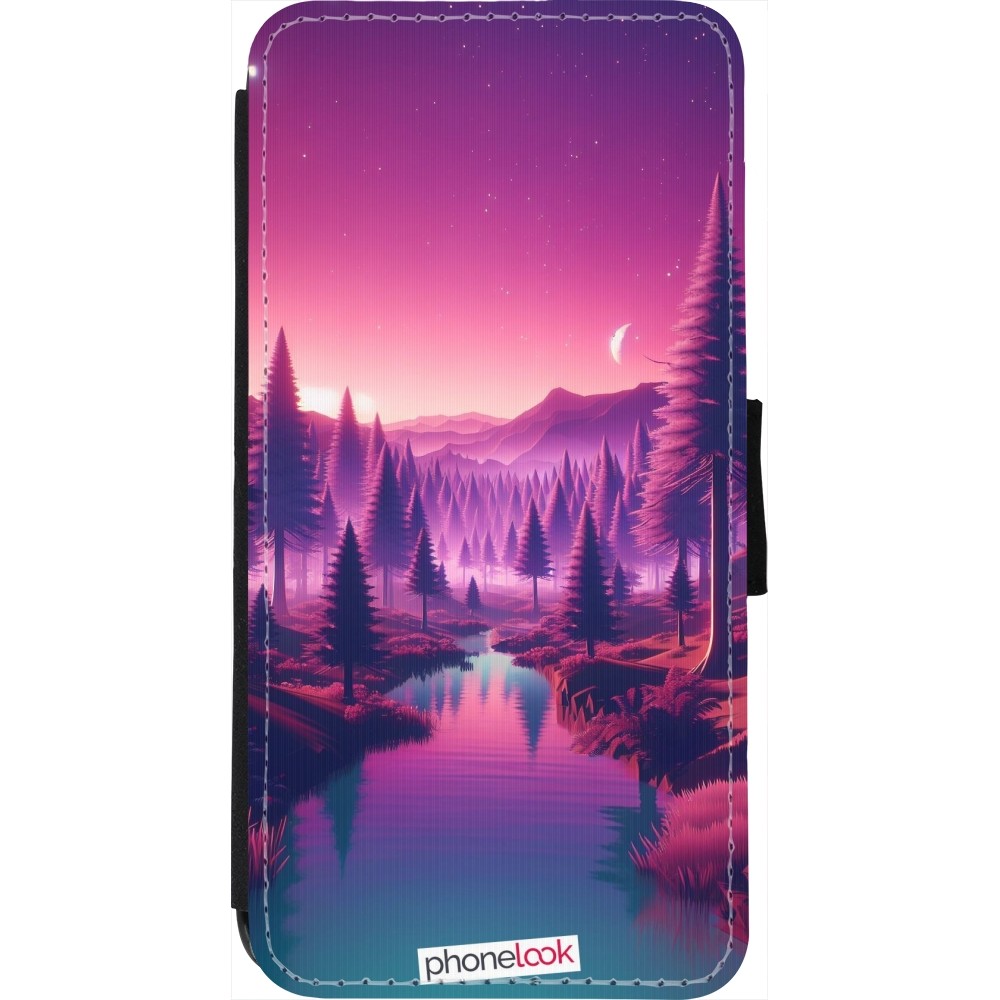 Coque iPhone 7 / 8 / SE (2020, 2022) - Wallet noir Paysage Violet-Rose