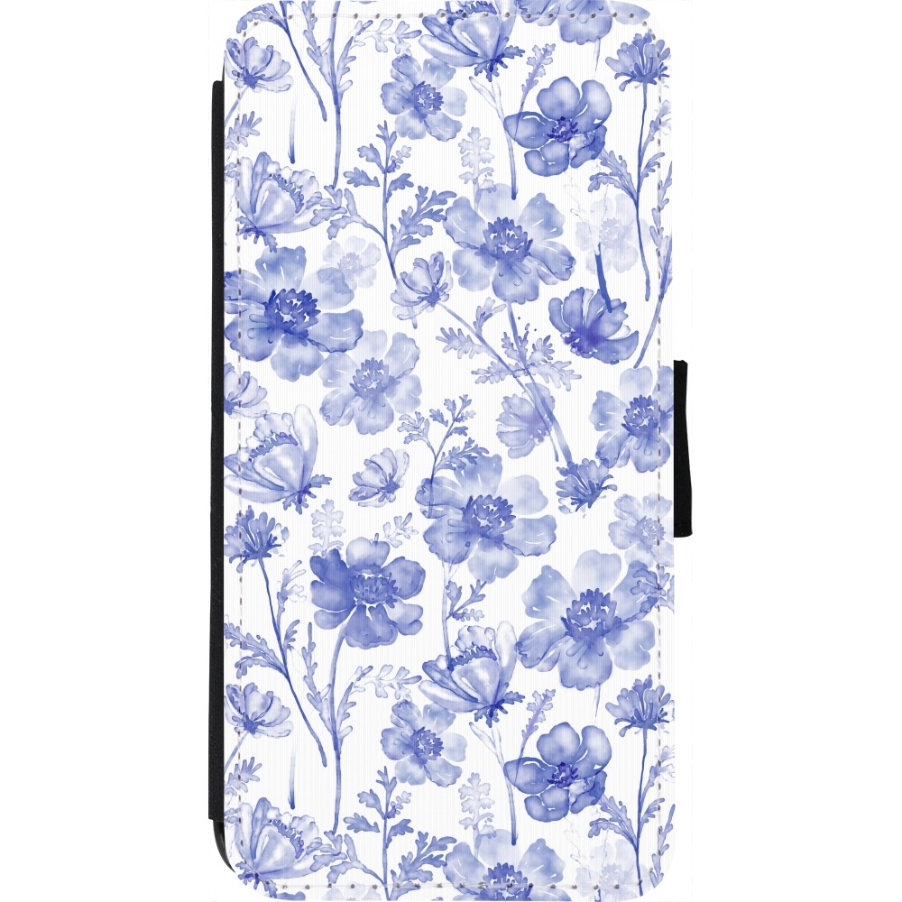 Coque iPhone 7 / 8 / SE (2020, 2022) - Wallet noir Spring 23 watercolor blue flowers