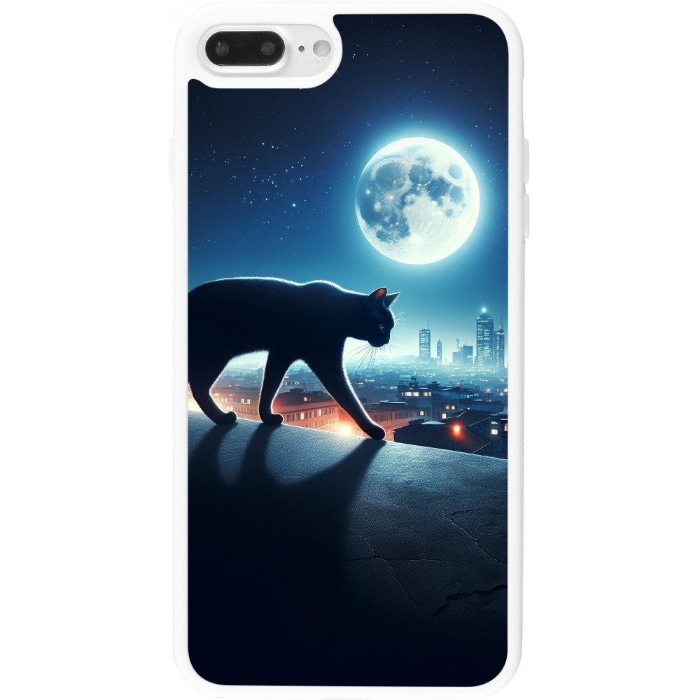 Coque iPhone 7 Plus / 8 Plus - Silicone rigide blanc Chat noir sous la pleine lune