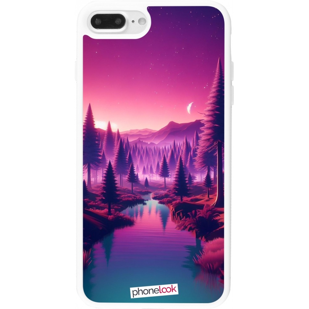 Coque iPhone 7 Plus / 8 Plus - Silicone rigide blanc Paysage Violet-Rose