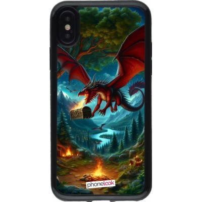 Coque iPhone X / Xs - Gel noir Dragon Volant Forêt Trésor