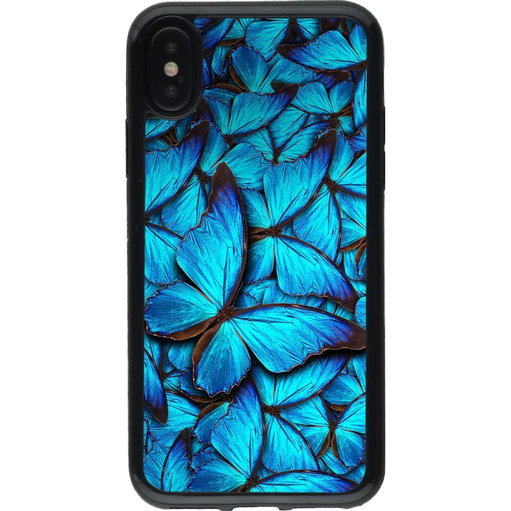 Coque iPhone X / Xs - Gel noir Papillon - Bleu