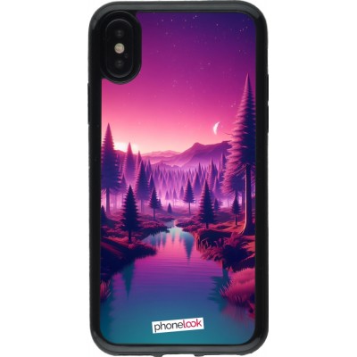 Coque iPhone X / Xs - Gel noir Paysage Violet-Rose