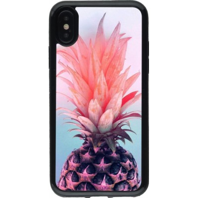 Coque iPhone X / Xs - Gel noir Purple Pink Pineapple