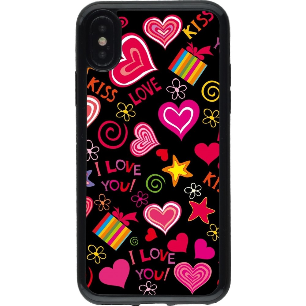 Coque iPhone X / Xs - Gel noir Valentine 2023 love symbols