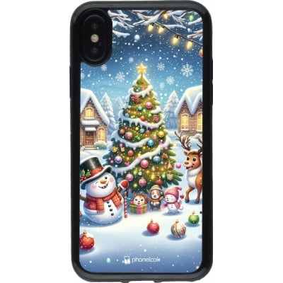 Coque iPhone X / Xs - Gel noir Noël 2023 bonhomme de neige et sapin