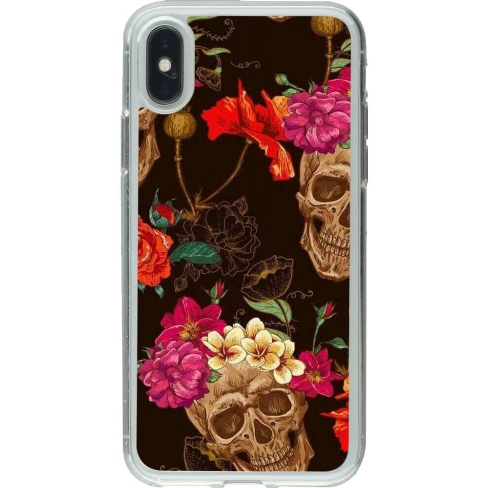 Coque iPhone X / Xs - Gel transparent Skulls and flowers