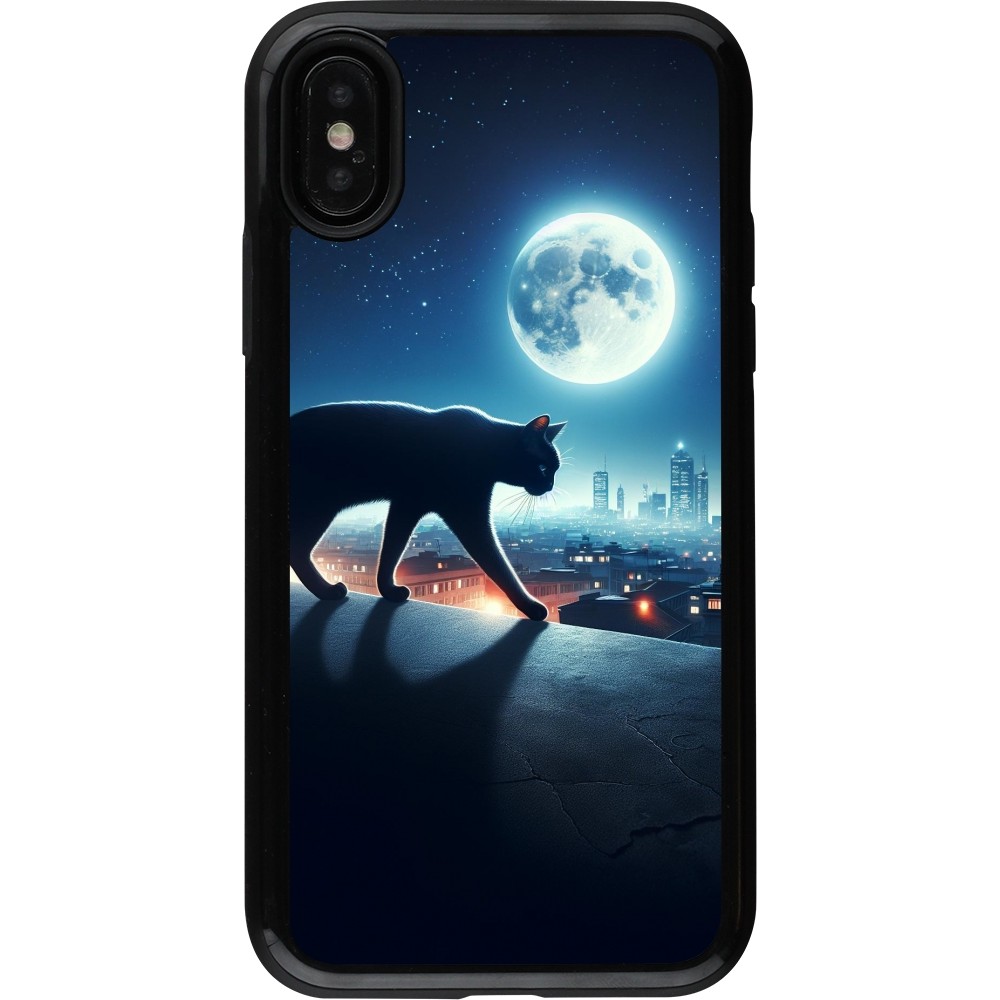 Coque iPhone X / Xs - Hybrid Armor noir Chat noir sous la pleine lune