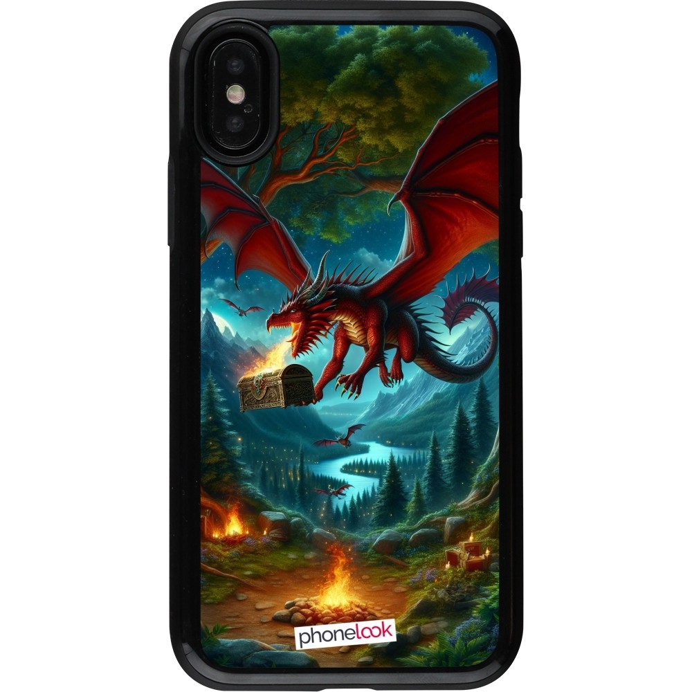 Coque iPhone X / Xs - Hybrid Armor noir Dragon Volant Forêt Trésor