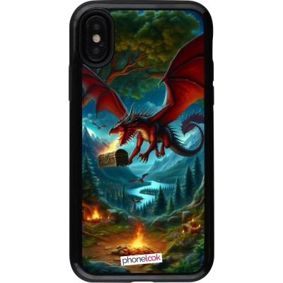 Coque iPhone X / Xs - Hybrid Armor noir Dragon Volant Forêt Trésor