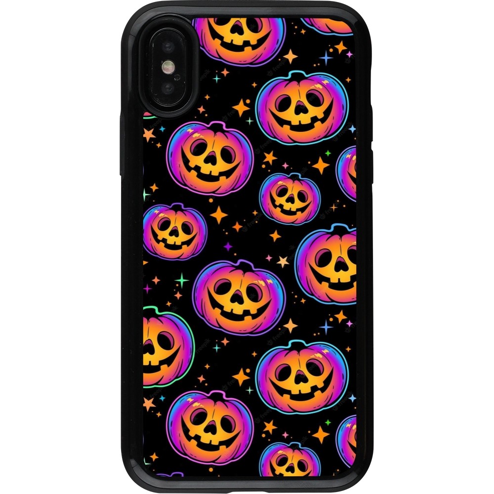 Coque iPhone X / Xs - Hybrid Armor noir Halloween 2024 rainbow pumpkins