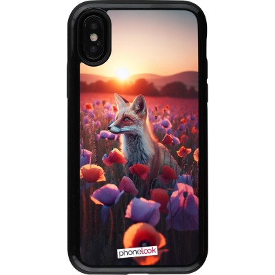 Coque iPhone X / Xs - Hybrid Armor noir Renard pourpre au crépuscule