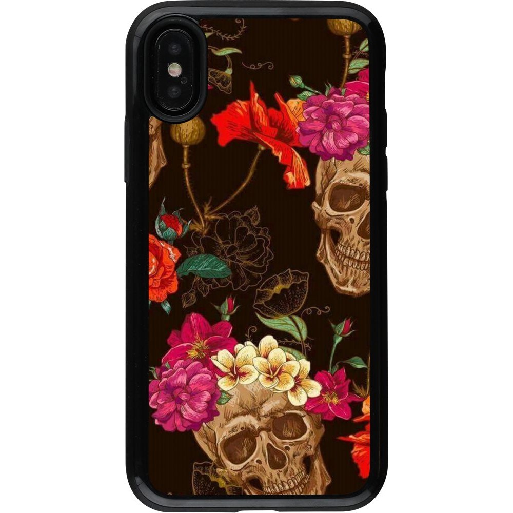 Coque iPhone X / Xs - Hybrid Armor noir Skulls and flowers