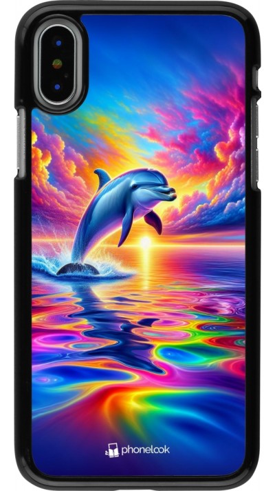 Coque iPhone X / Xs - Dauphin arc-en-ciel heureux