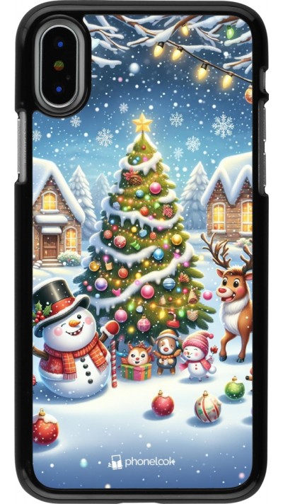 Coque iPhone X / Xs - Noël 2023 bonhomme de neige et sapin