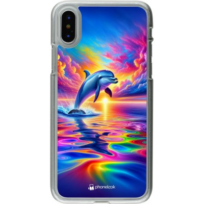 Coque iPhone X / Xs - Plastique transparent Dauphin arc-en-ciel heureux