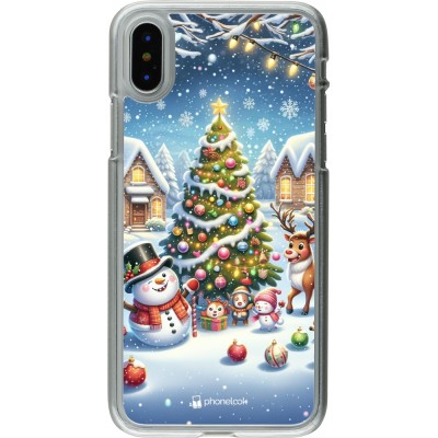 Coque iPhone X / Xs - Plastique transparent Noël 2023 bonhomme de neige et sapin