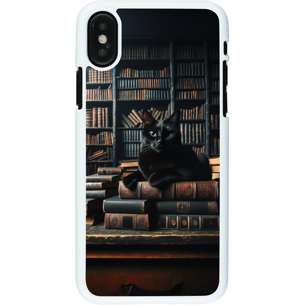 Coque iPhone X / Xs - Plastique blanc Chat livres sombres