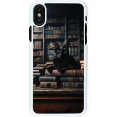 Coque iPhone X / Xs - Plastique blanc Chat livres sombres