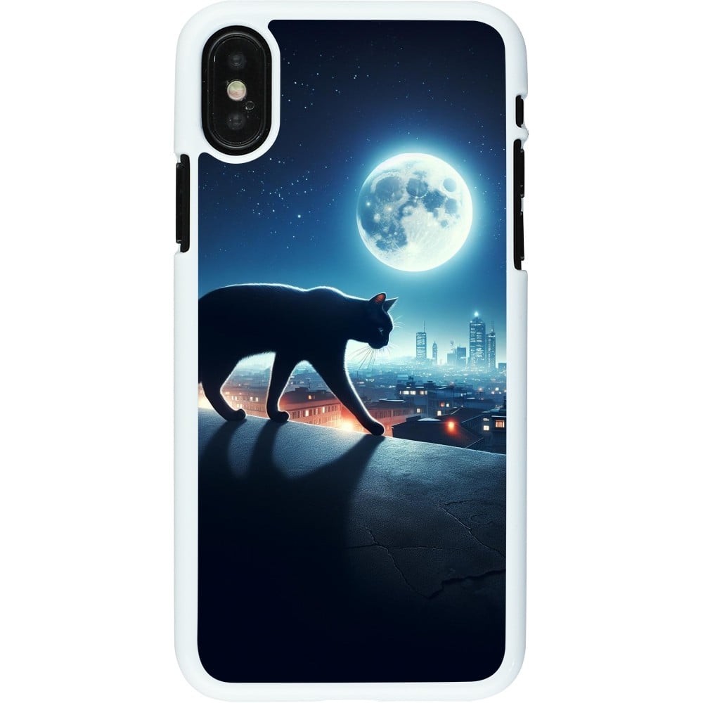 Coque iPhone X / Xs - Plastique blanc Chat noir sous la pleine lune