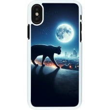 Coque iPhone X / Xs - Plastique blanc Chat noir sous la pleine lune