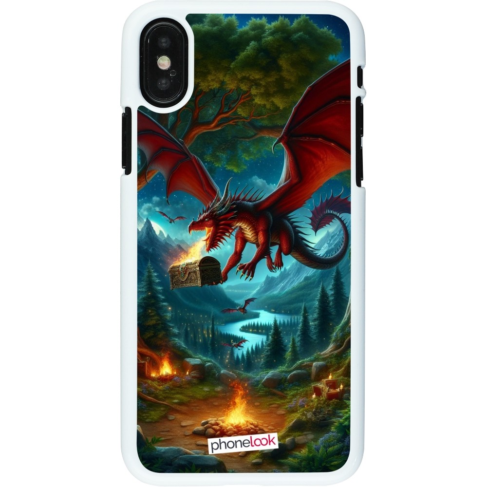 Coque iPhone X / Xs - Plastique blanc Dragon Volant Forêt Trésor