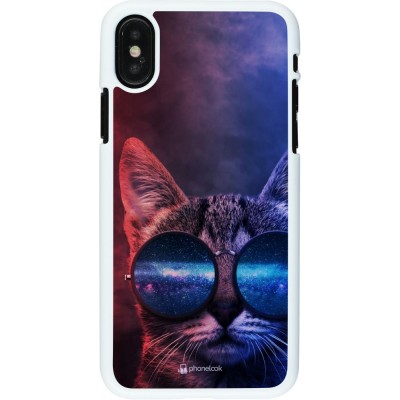 Coque iPhone X / Xs - Plastique blanc Red Blue Cat Glasses