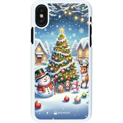 Coque iPhone X / Xs - Plastique blanc Noël 2023 bonhomme de neige et sapin