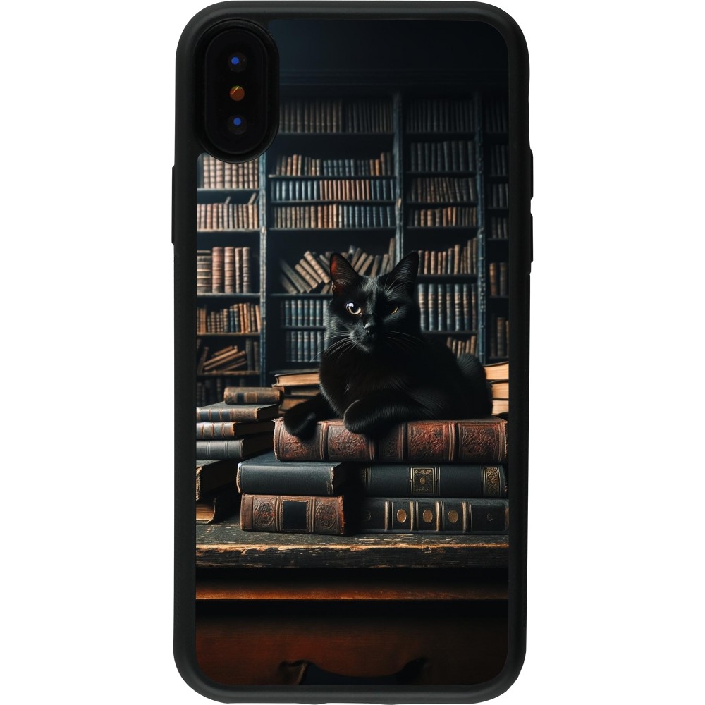 Coque iPhone X / Xs - Silicone rigide noir Chat livres sombres